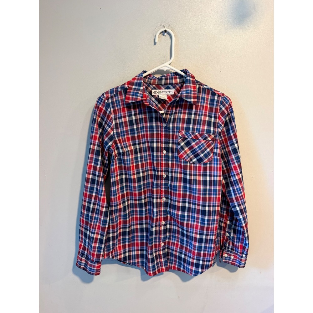 ExOfficio Womens Plaid Button Down Shirt Red Blue Roll Tab Sleeve Size Small